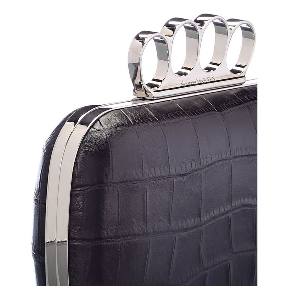 Alexander Mcqueen Skull Four-Ring Croc Embossed Leather Clutch, Black - Picture 3 of 3